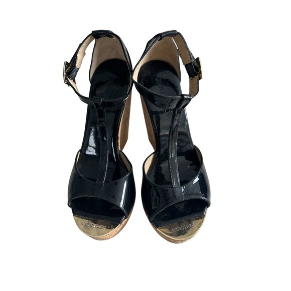 JIMMY CHOO Black Patent Leather Cork Wedges Sandals Size 36.5 - Picture 2 of 16